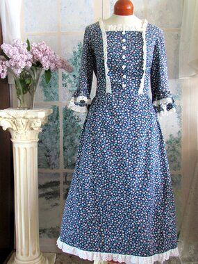 COLONIAL COSTUME DRESS, L, RUFFLED SLEEVES, HANDMADE BLUE COTTON PRINT, THEATER